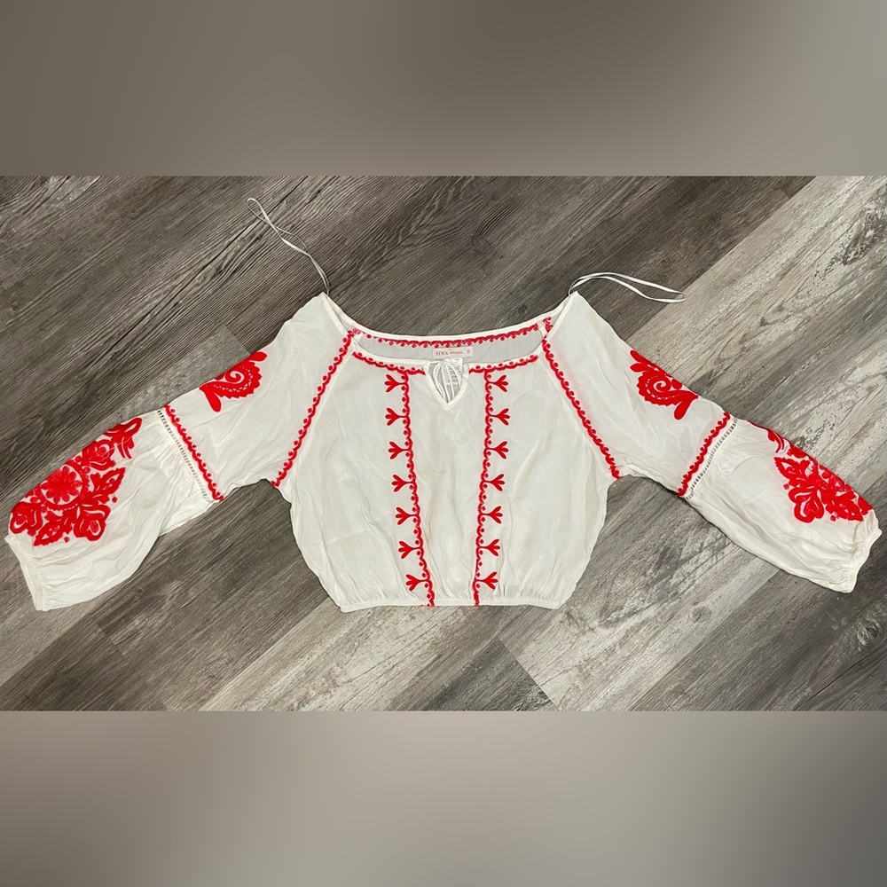 Elegant White Blouse with Red Floral Accents